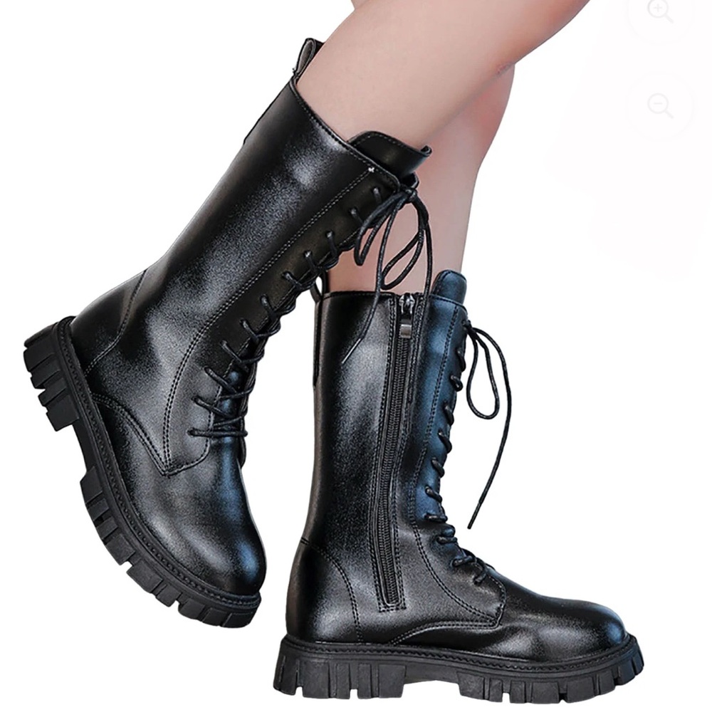 Stylish Black Lace-Up/Zip Up Leather Girls Winter Riding Boots NEW Size 2.5